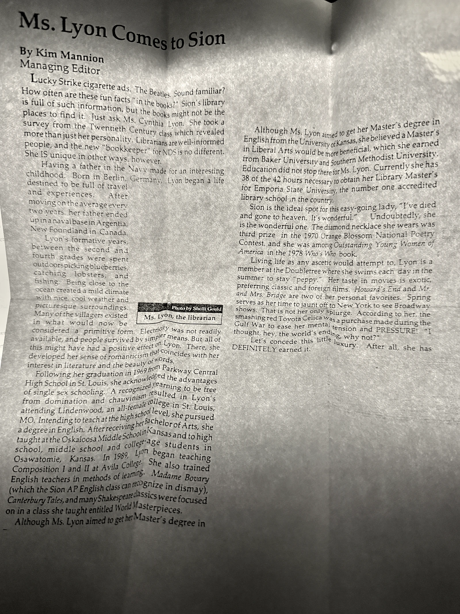 The archival newspaper profile “Ms. Lyon Comes to Sion,” featuring Cynthia Lyon