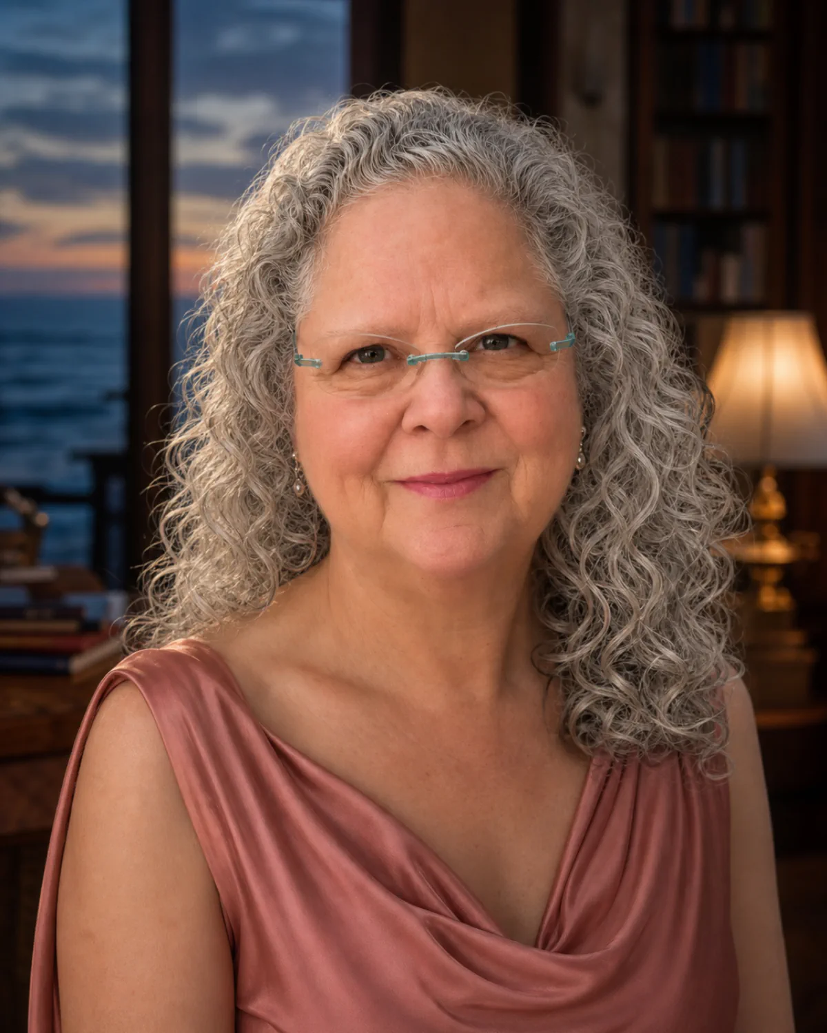 Portrait of Cynthia Lyon with long silver curls, thin-frame glasses, and a faded-rose gown in a seaside salon