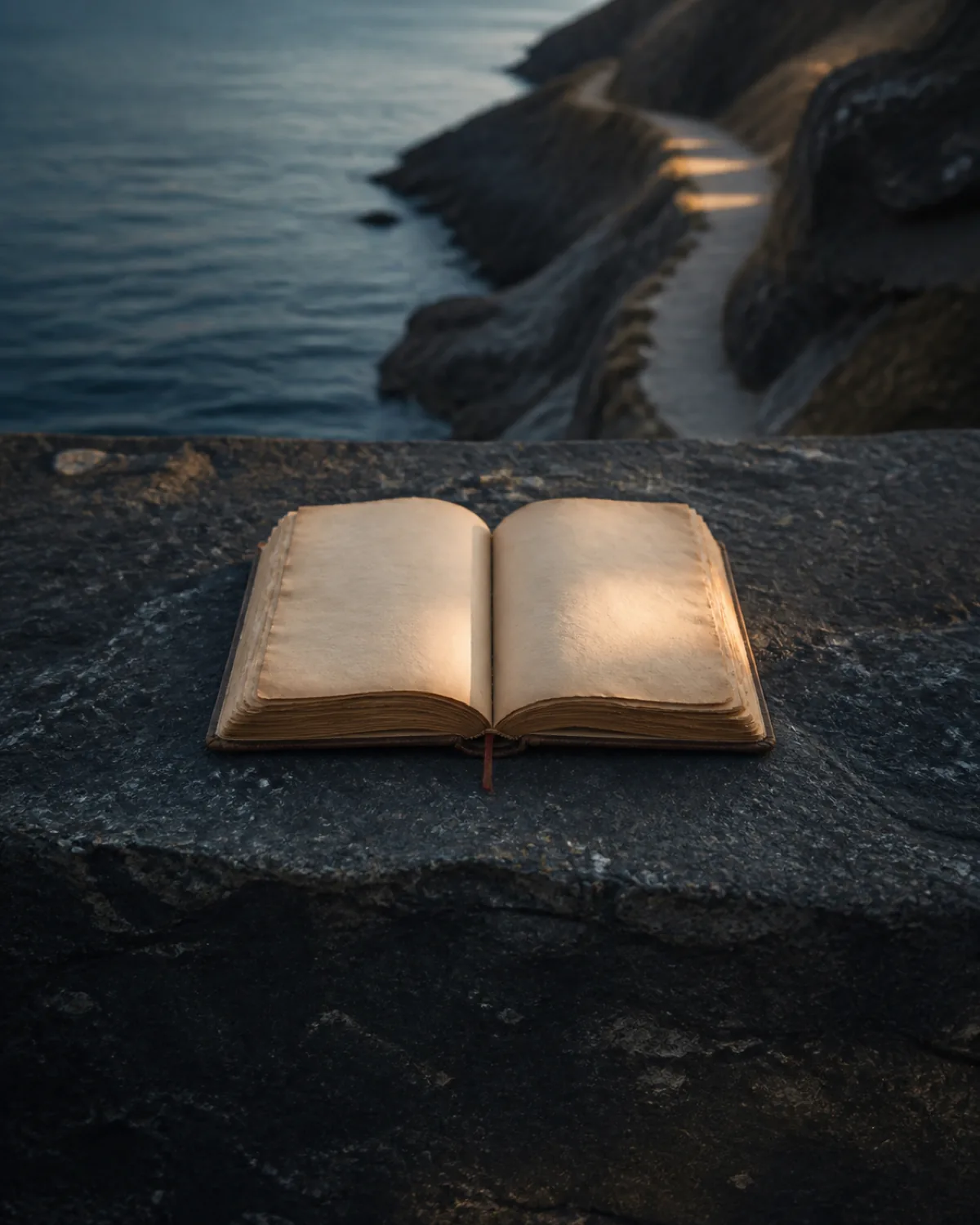 An open book beside water in the last warm light of day