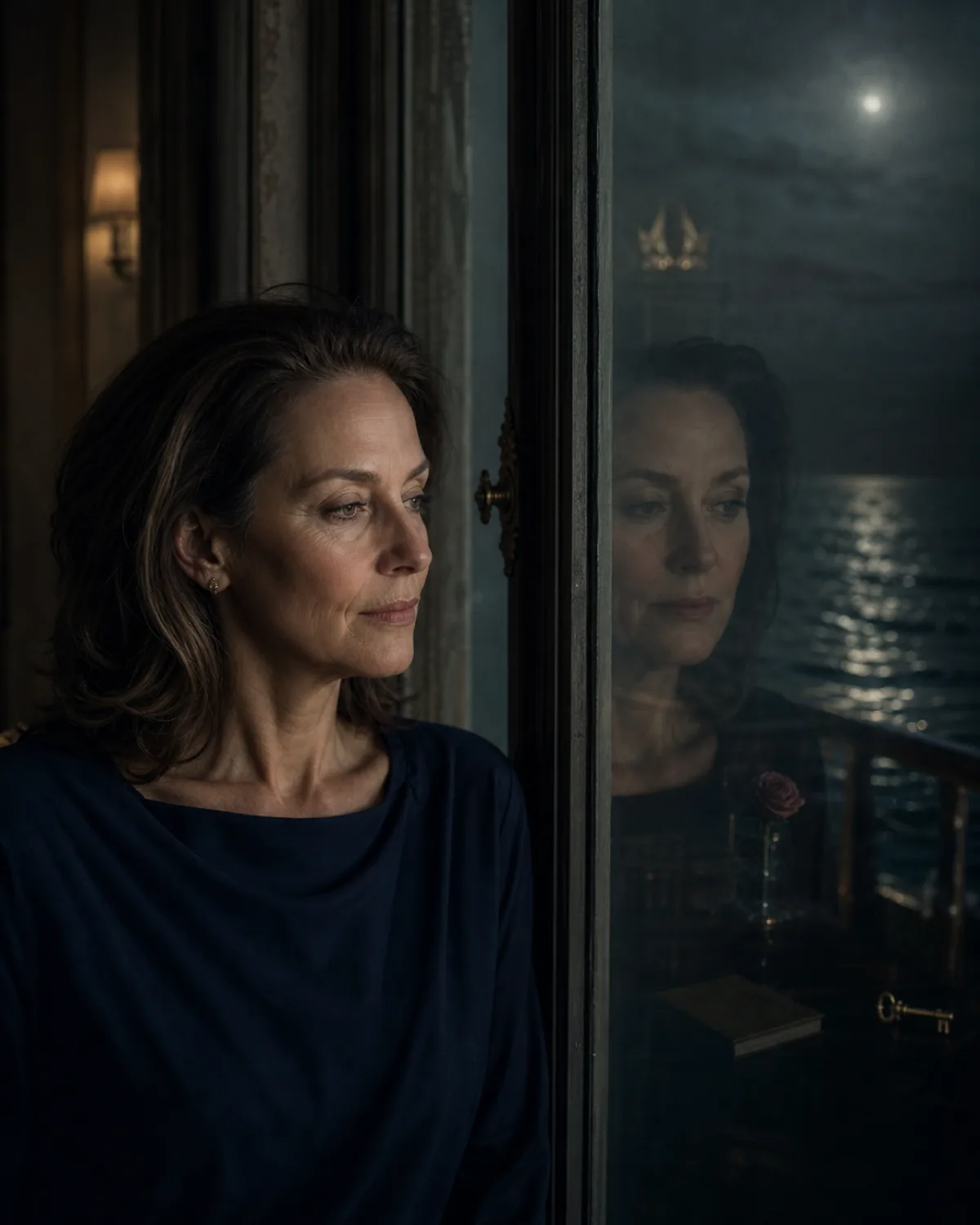 A thoughtful woman reflected in seaside glass beneath a luminous night sky