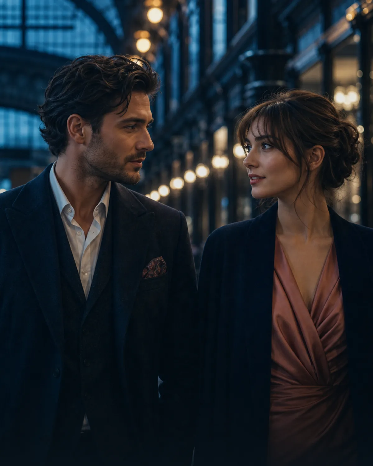 A cinematic couple meeting beneath evening lights