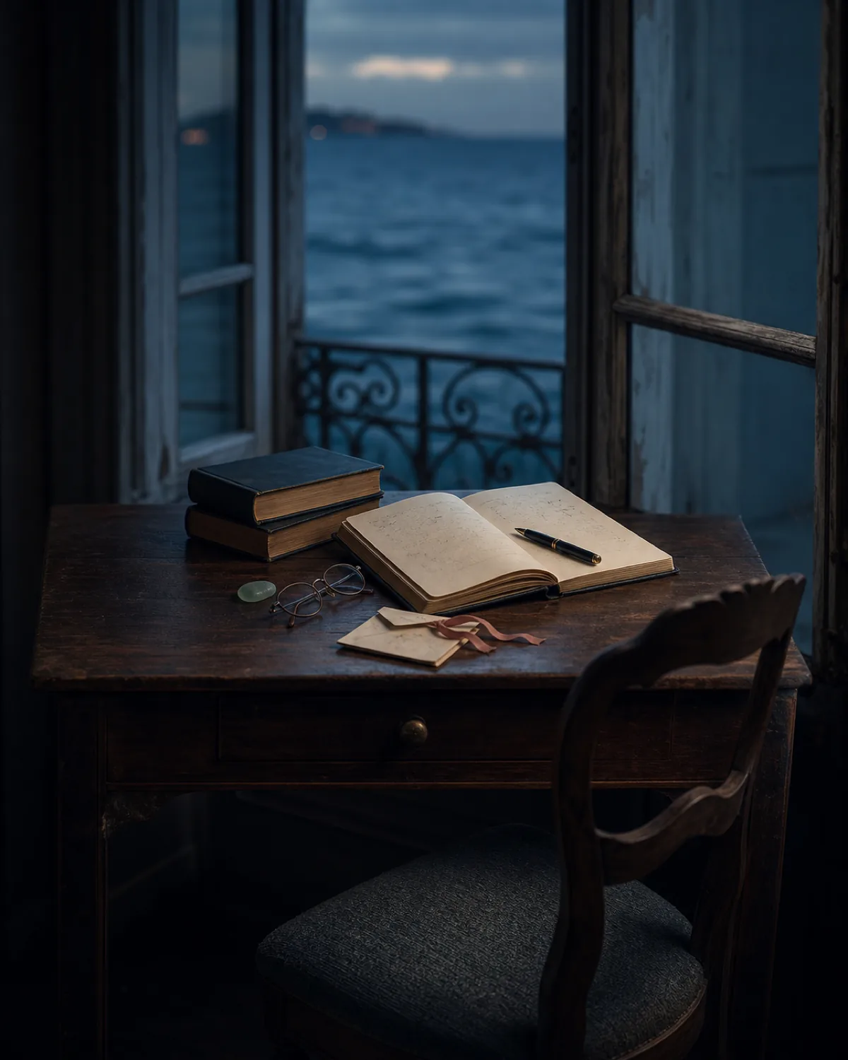 An open notebook, fountain pen, and well-loved books beside an empty seaside writing chair