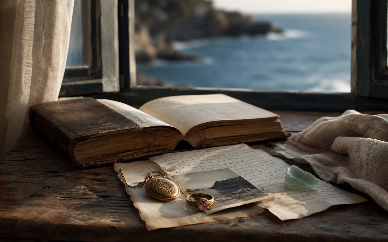 A weathered book, handwritten page, and small summer keepsakes beside an open coastal window