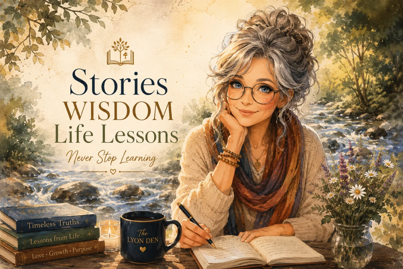 Cynthia writing beside books and a creek in a warm watercolor-style scene