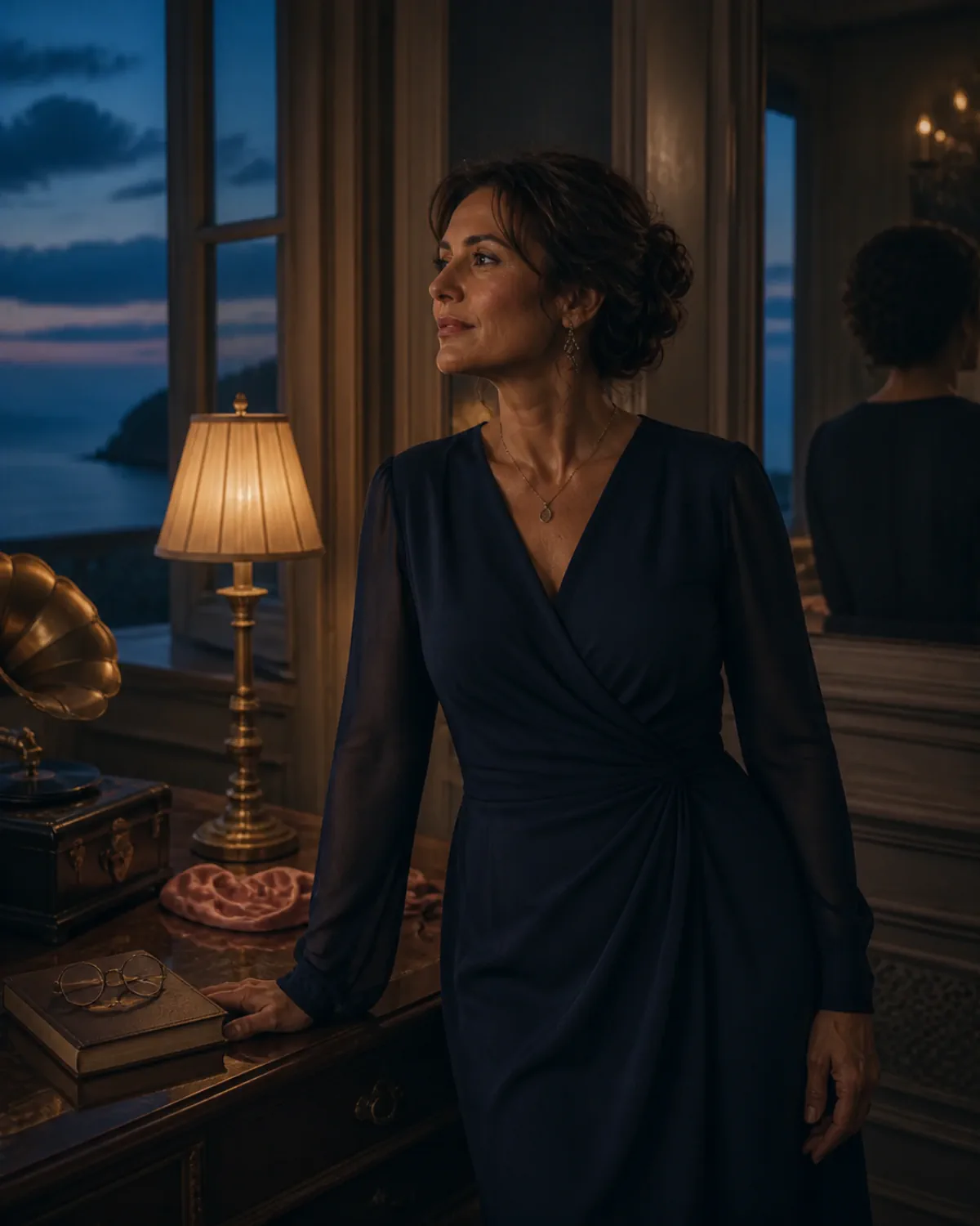 An elegant woman in a navy dress beside her reflection in a cinematic seaside hotel at blue hour