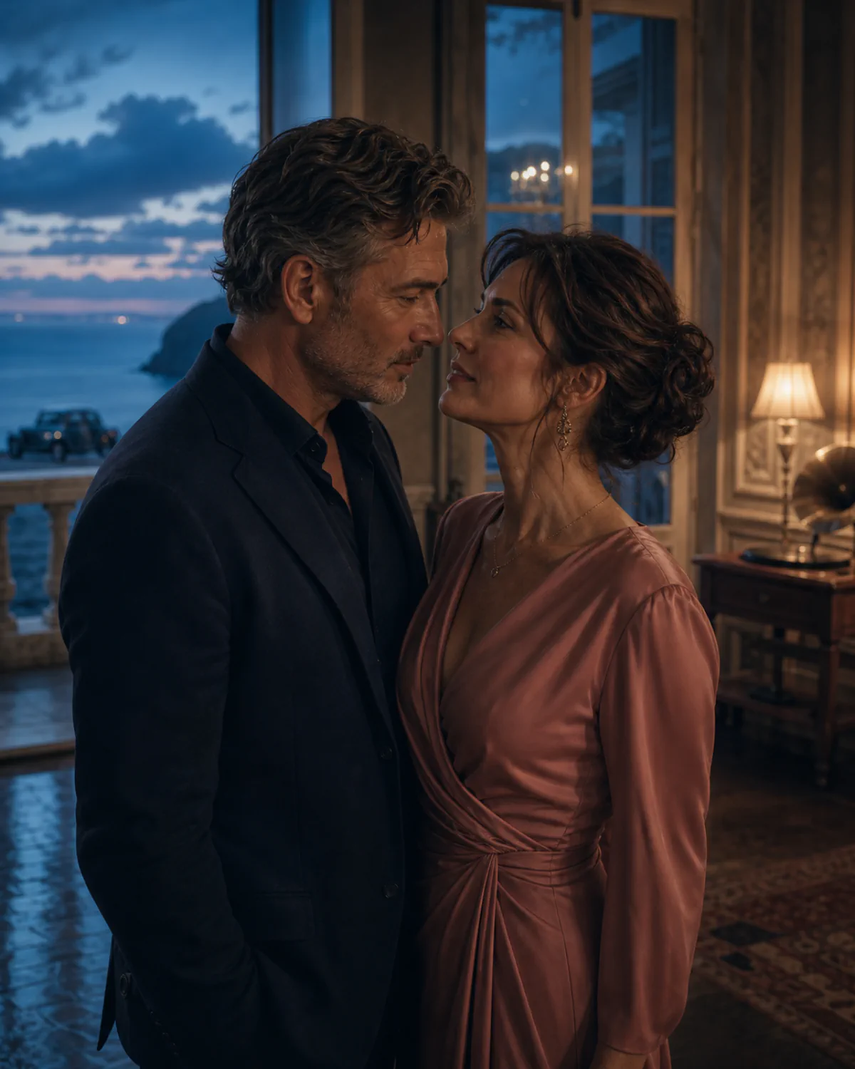 An elegant mature couple sharing a charged moment in a cinematic seaside hotel
