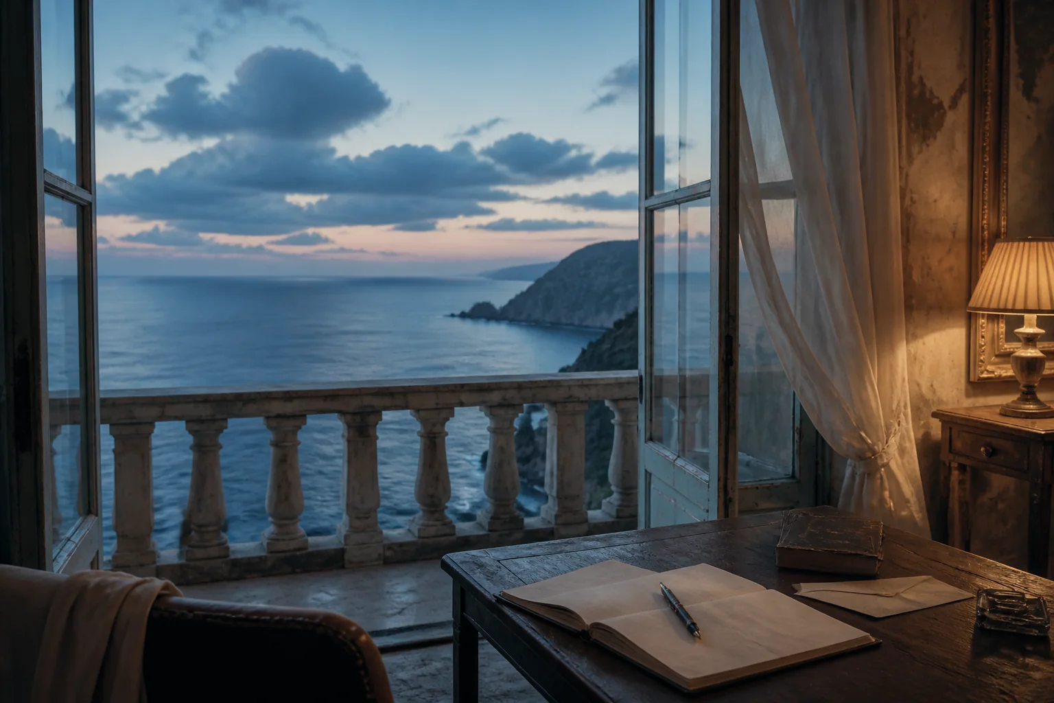An open seaside hotel room at twilight, with a writing desk facing the ocean