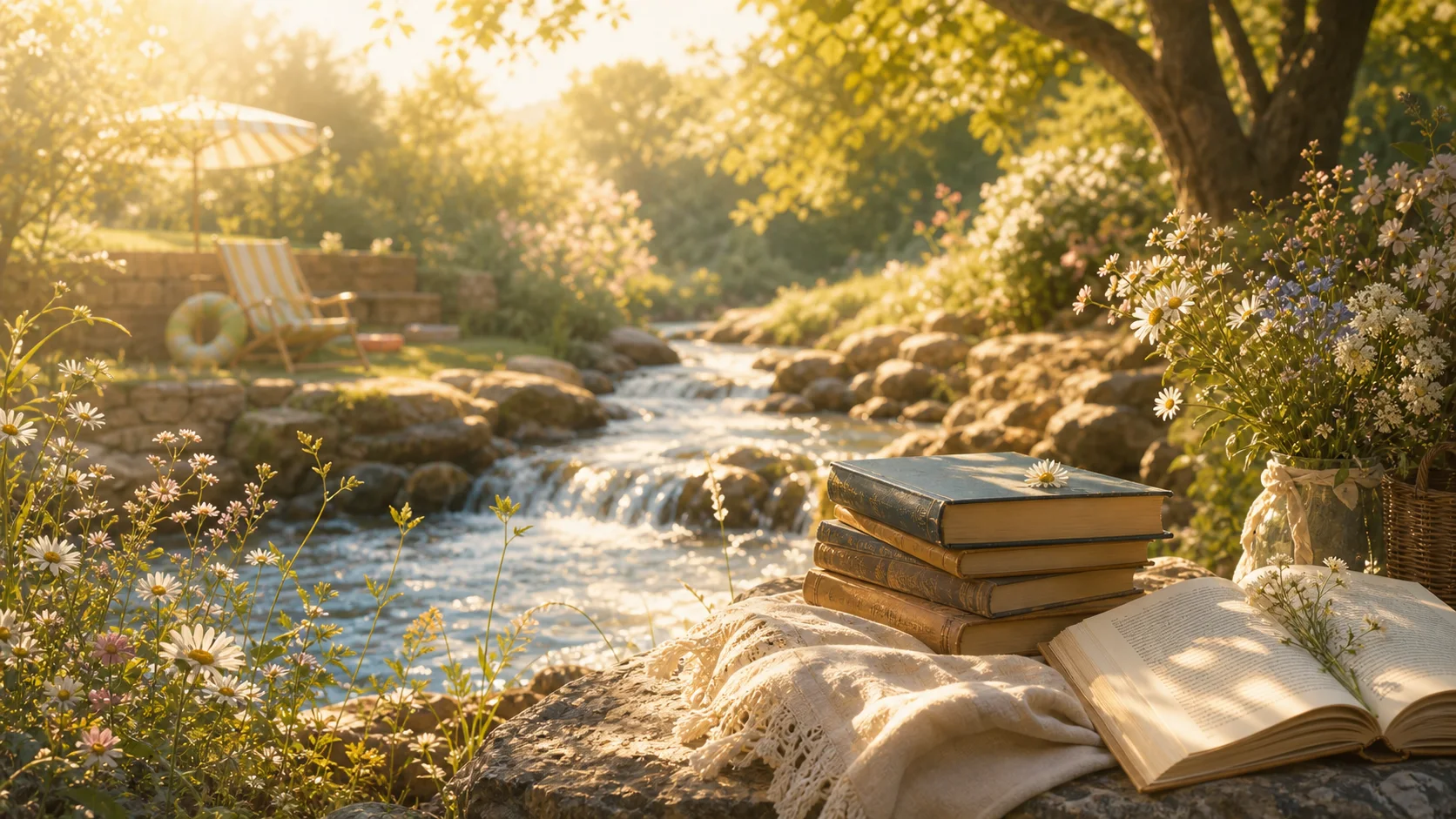 Old books and an open volume beside a flower-lined creek in warm summer light