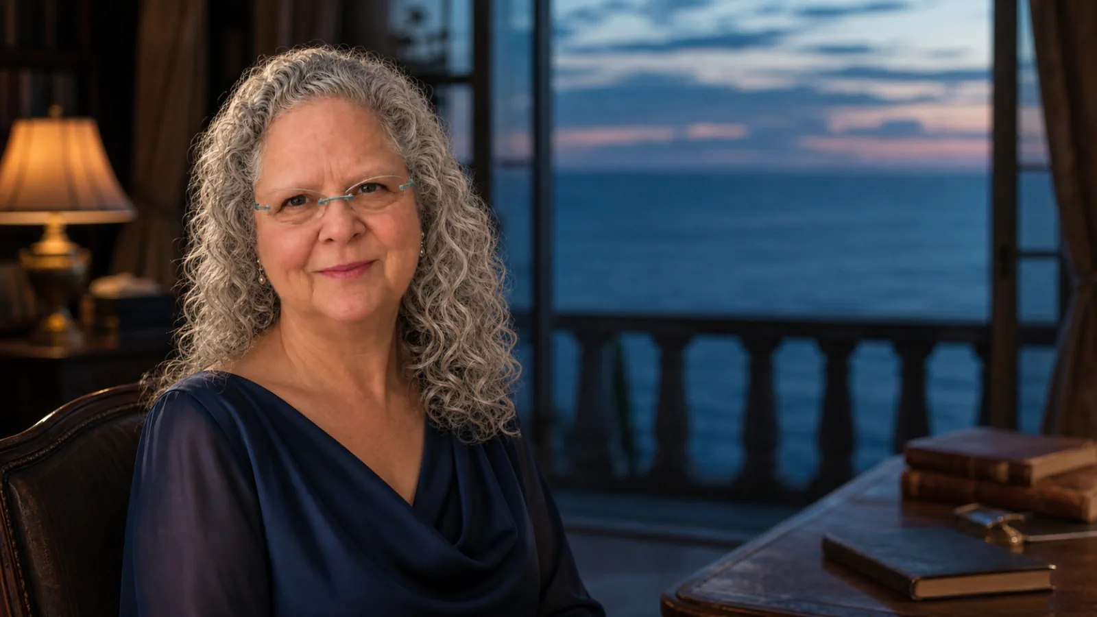 Cynthia Lyon seated in a navy gown, sharing a story in a warmly lit seaside salon
